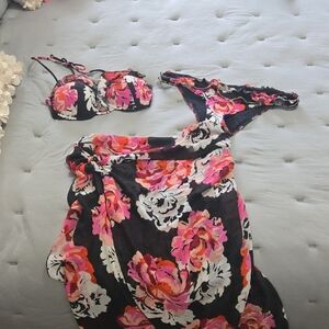 Victoria's Secret Black Bikini Set with Pink & Orange Floral Print